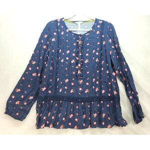 Matilda Jane Peasant Blouse Pintuck Pleats Ruffles Cottagecore Blue w Roses Sz L